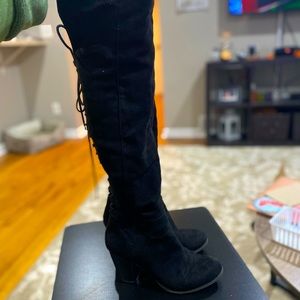 Thigh-High Black Suede Heel Boots